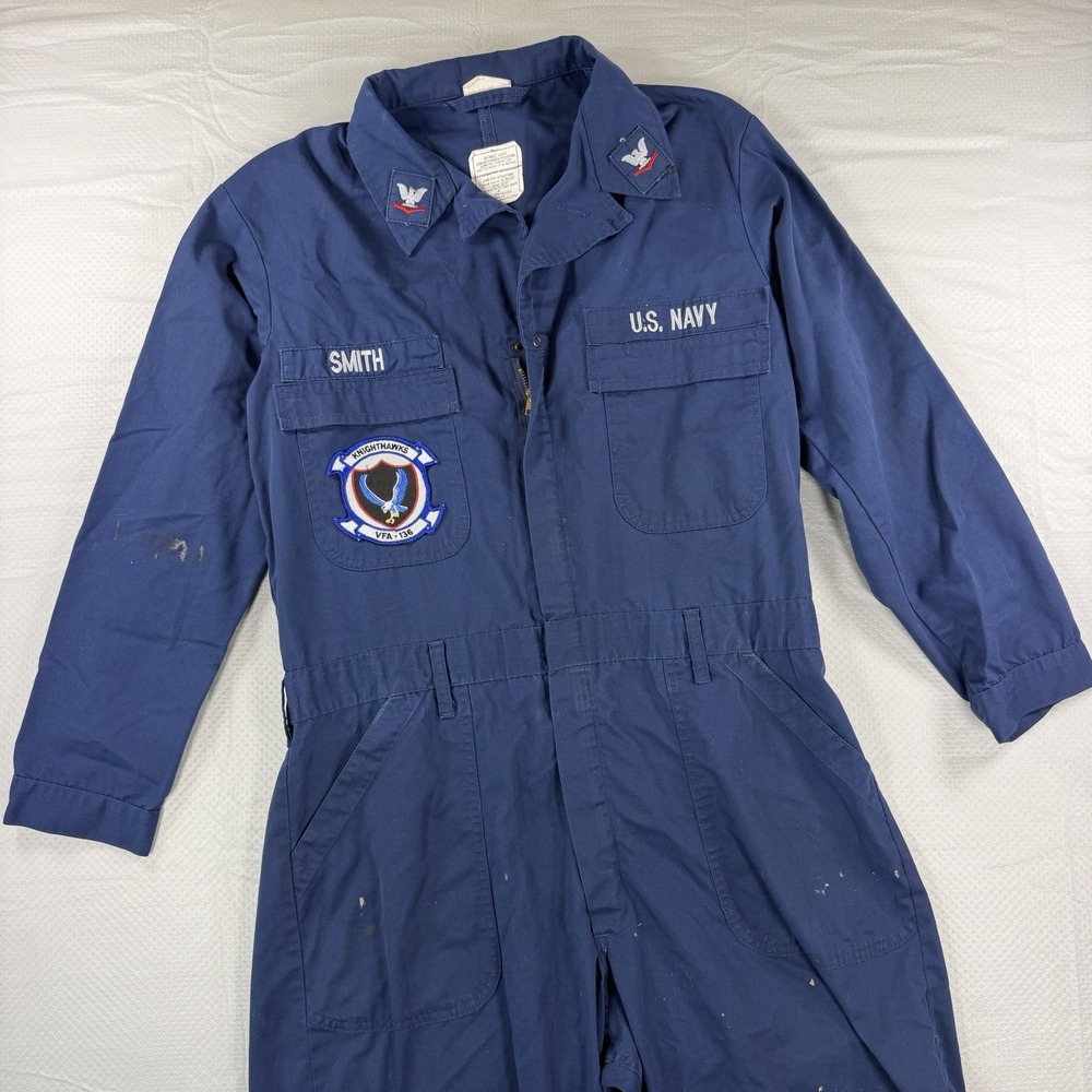 Vintage US Navy Coveralls Utility Blue Jumpsuit 44R VFA-136 Nighthawks Red Kap